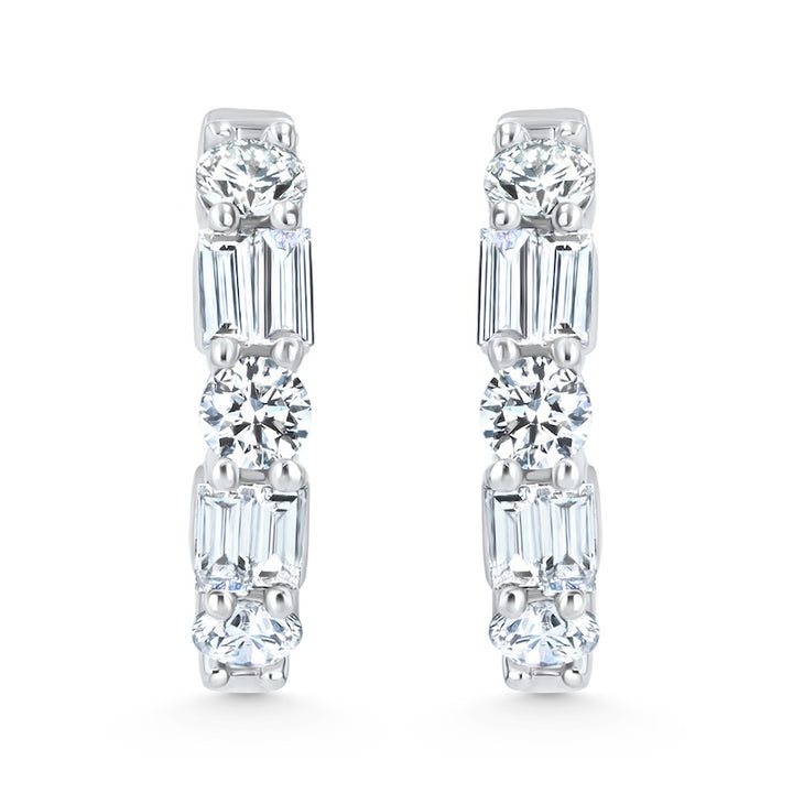 Alternating Baguette & Round Diamond 18K White Gold Hoop Earrings