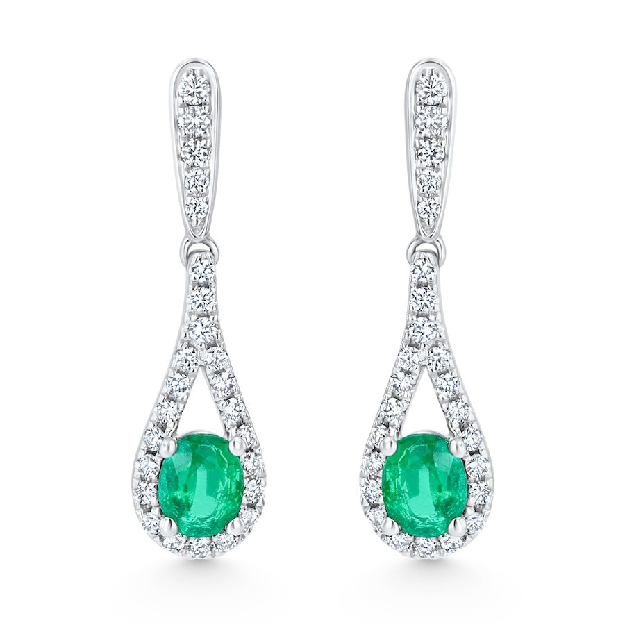 Oval Emerald & Diamond Teardrop Halo 18K White Gold Earrings