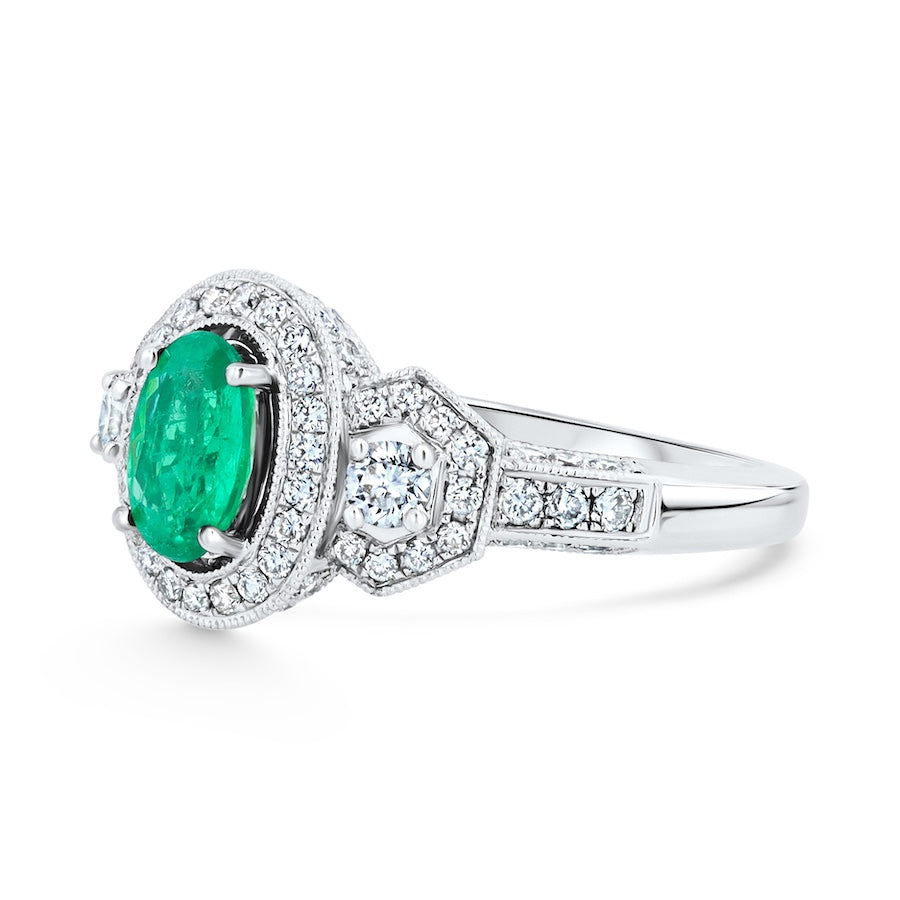 Oval Emerald & Diamond 18KW Halo Ring