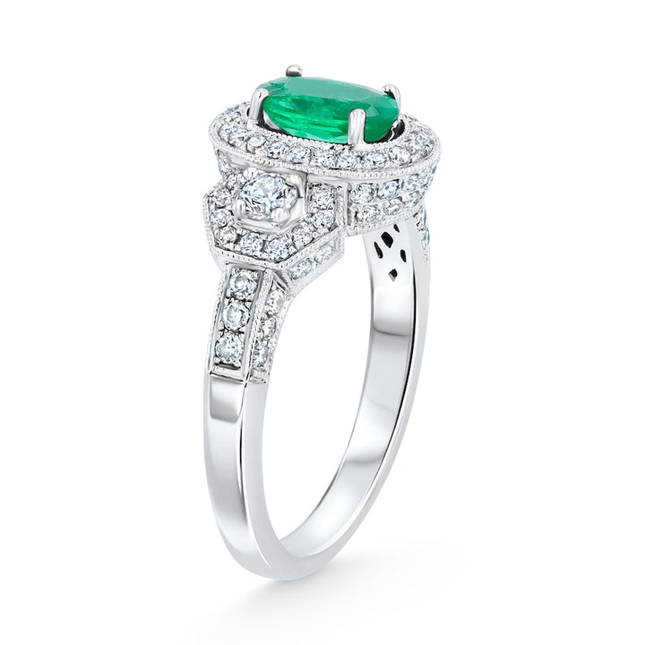 Oval Emerald & Diamond 18KW Halo Ring