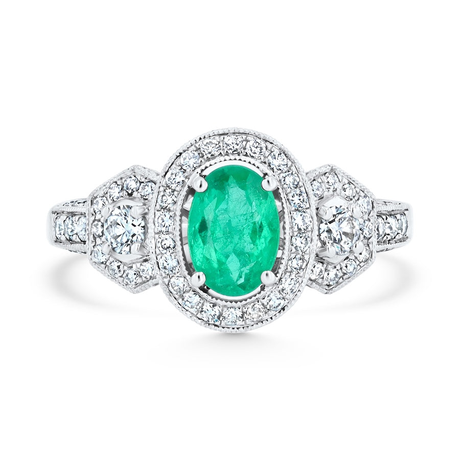 Oval Emerald & Diamond 18KW Halo Ring
