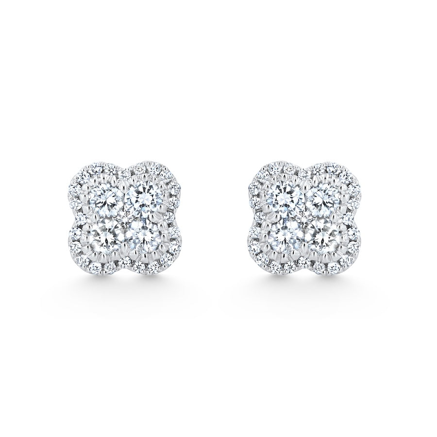 Clover-Shape Diamond Milgrain 18K White Gold Stud Earrings