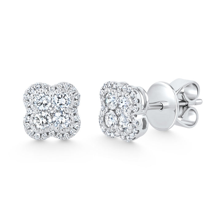Clover-Shape Diamond Milgrain 18K White Gold Stud Earrings