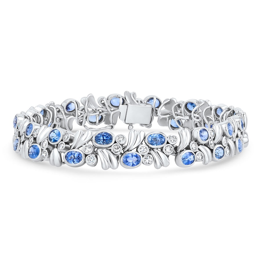 14K White Gold Vine Bracelet with Pastel Blue Sapphires & Diamonds
