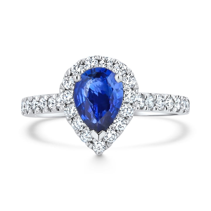 1.12 Carat Pear Sapphire & Diamond Halo Platinum Ring