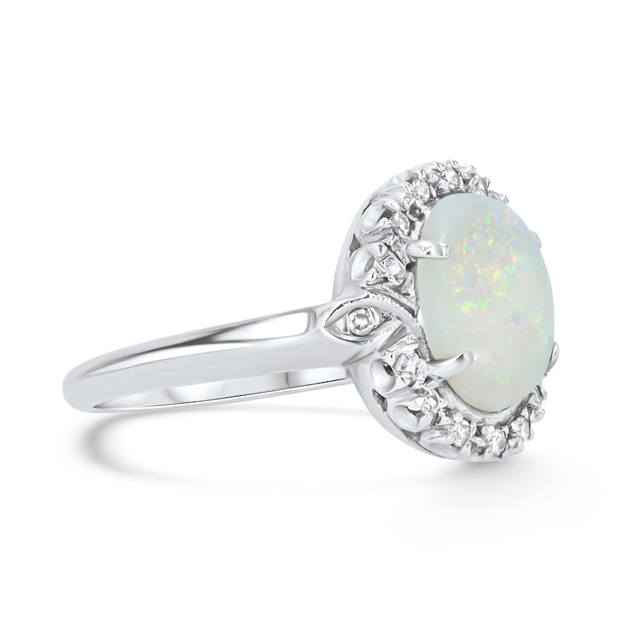 Vintage Oval Opal Diamond Halo 14K White Gold Ring