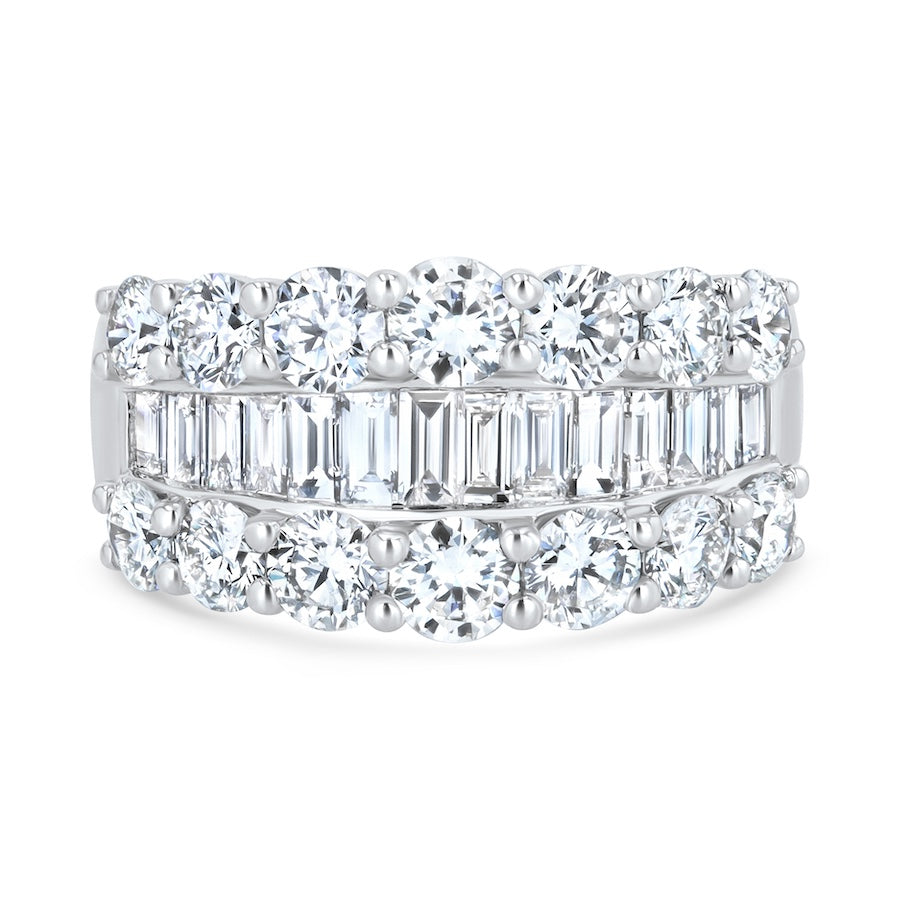 Three-Row Round & Baguette Diamond 18K White Gold Anniversary Band