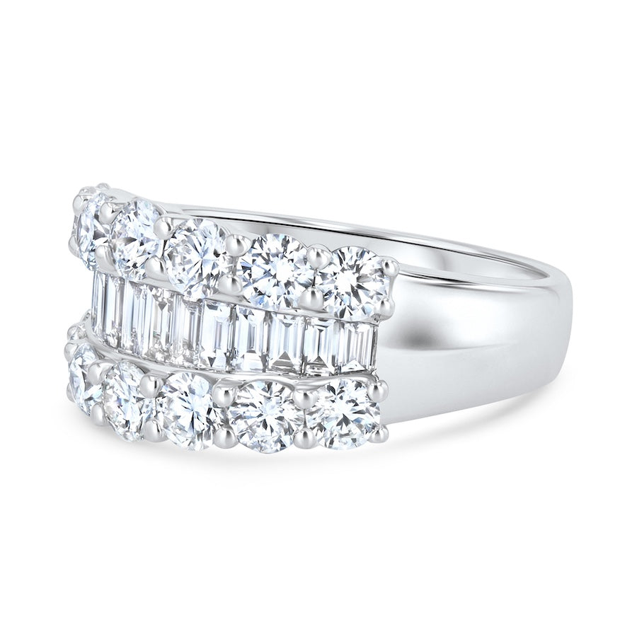 Three-Row Round & Baguette Diamond 18K White Gold Anniversary Band