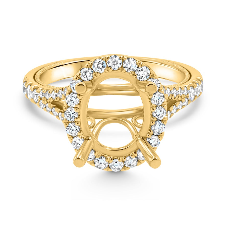 18kt Yellow Gold Oval Diamond Halo Semi-Mount 10x8mm