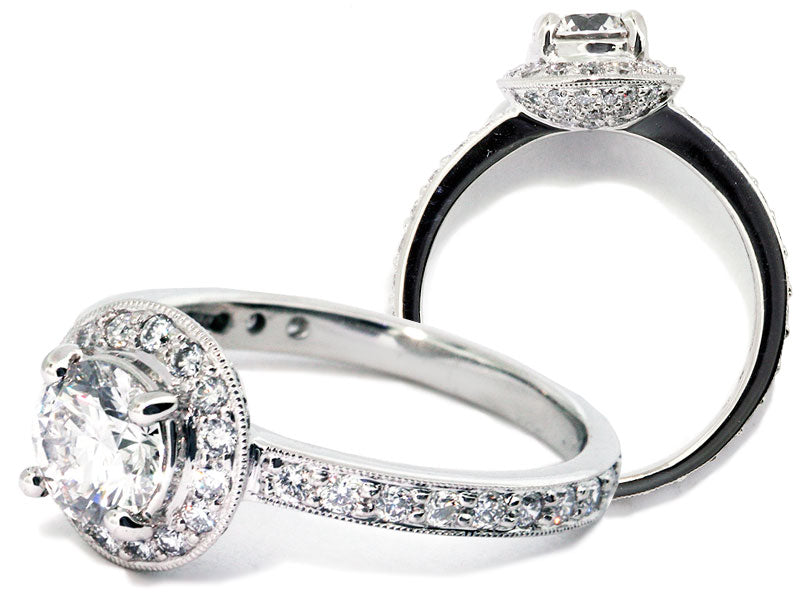 Round Milgrain Diamond Halo Platinum Engagement Ring Setting