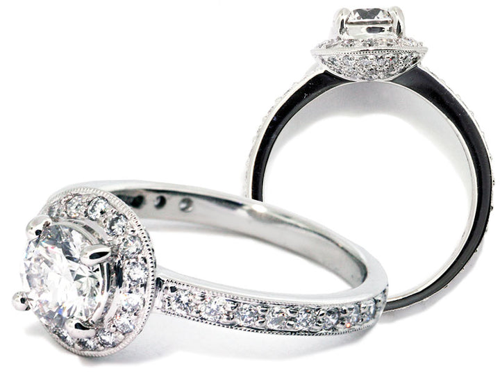 Round Milgrain Diamond Halo Platinum Engagement Ring Setting
