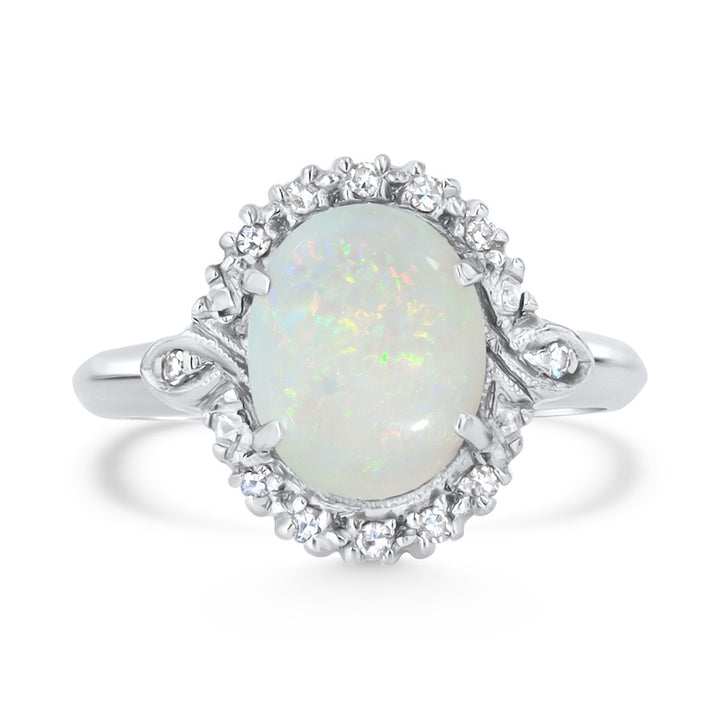 Vintage Oval Opal Diamond Halo 14K White Gold Ring
