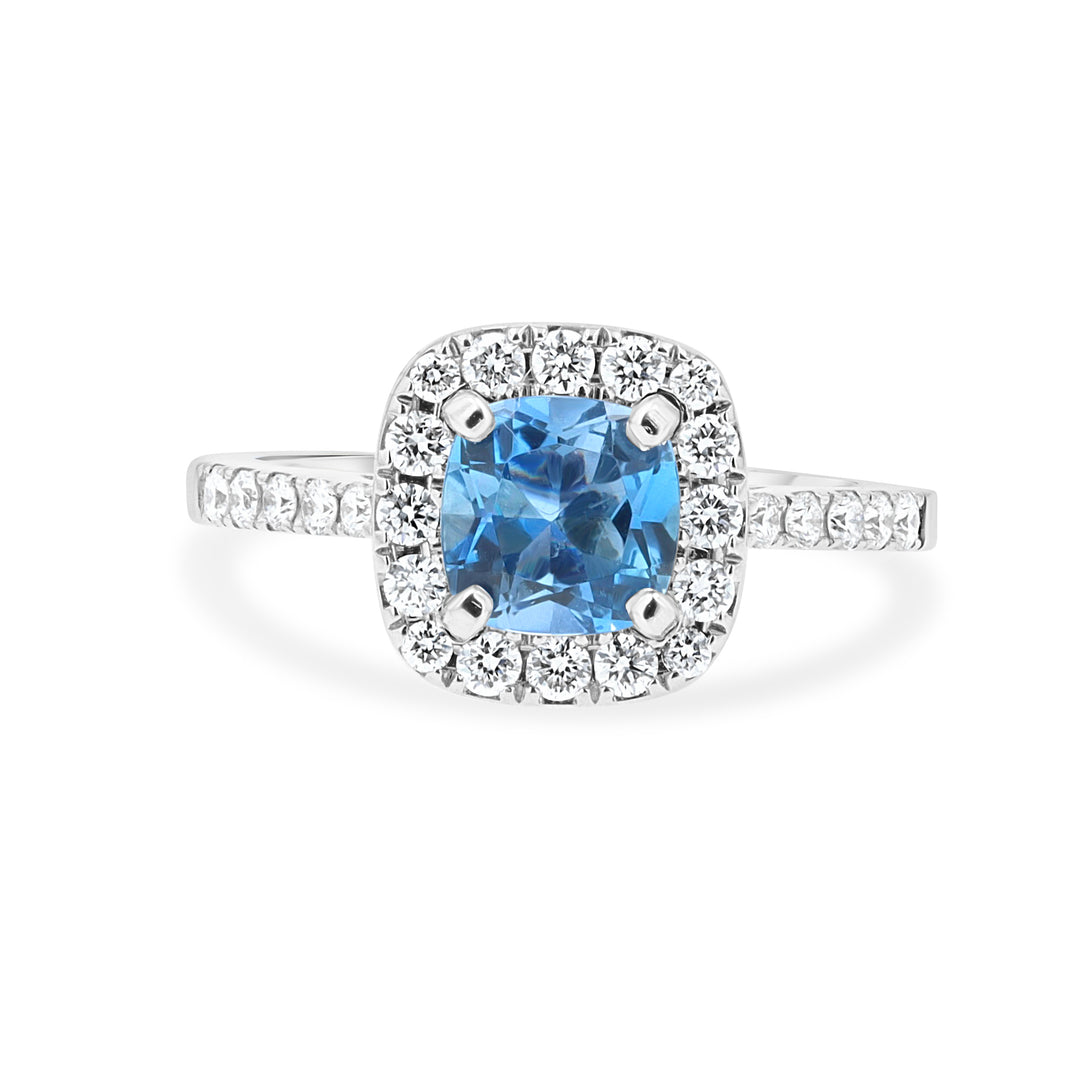 0.94 Carat Cushion Aquamarine & Diamond Halo 18K White Gold Ring