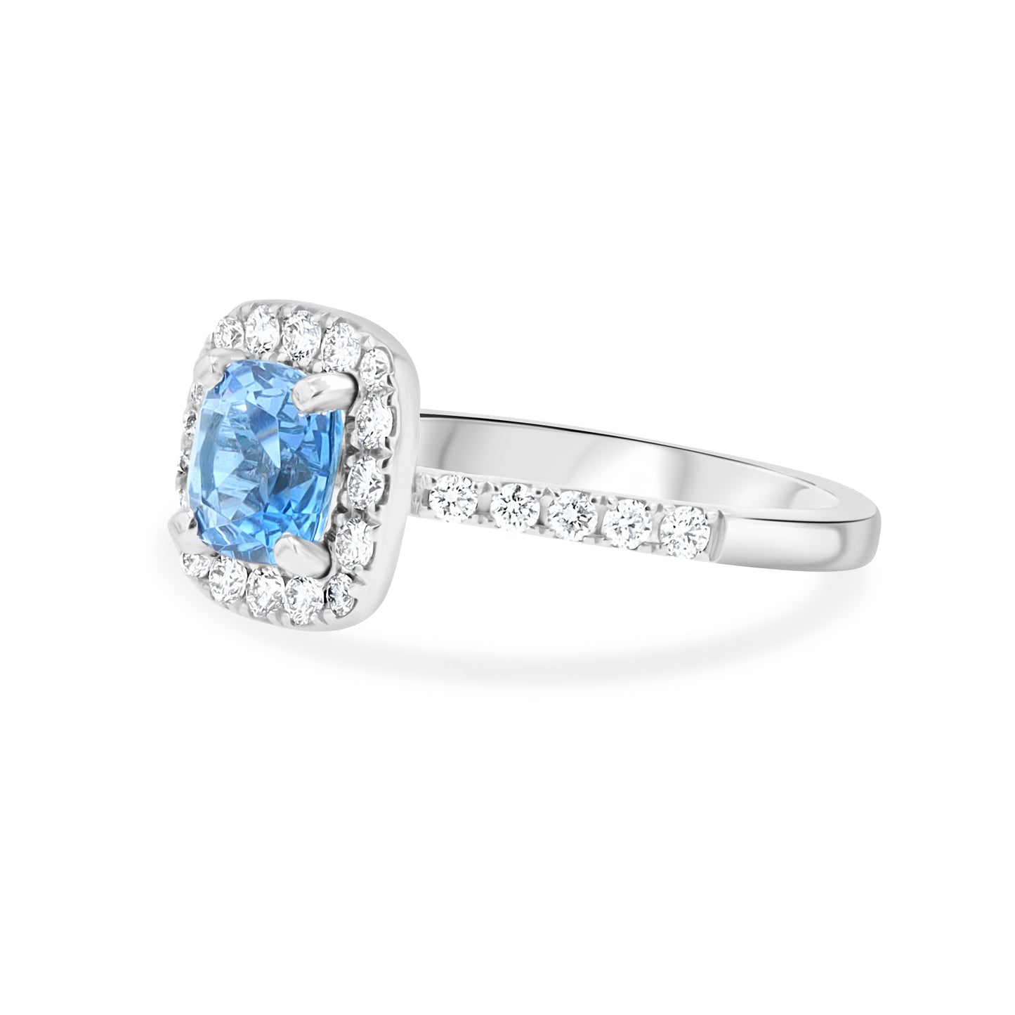 0.94 Carat Cushion Aquamarine & Diamond Halo 18K White Gold Ring
