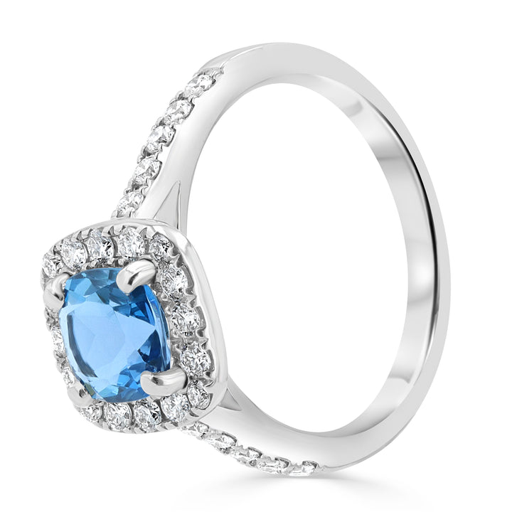 0.94 Carat Cushion Aquamarine & Diamond Halo 18K White Gold Ring