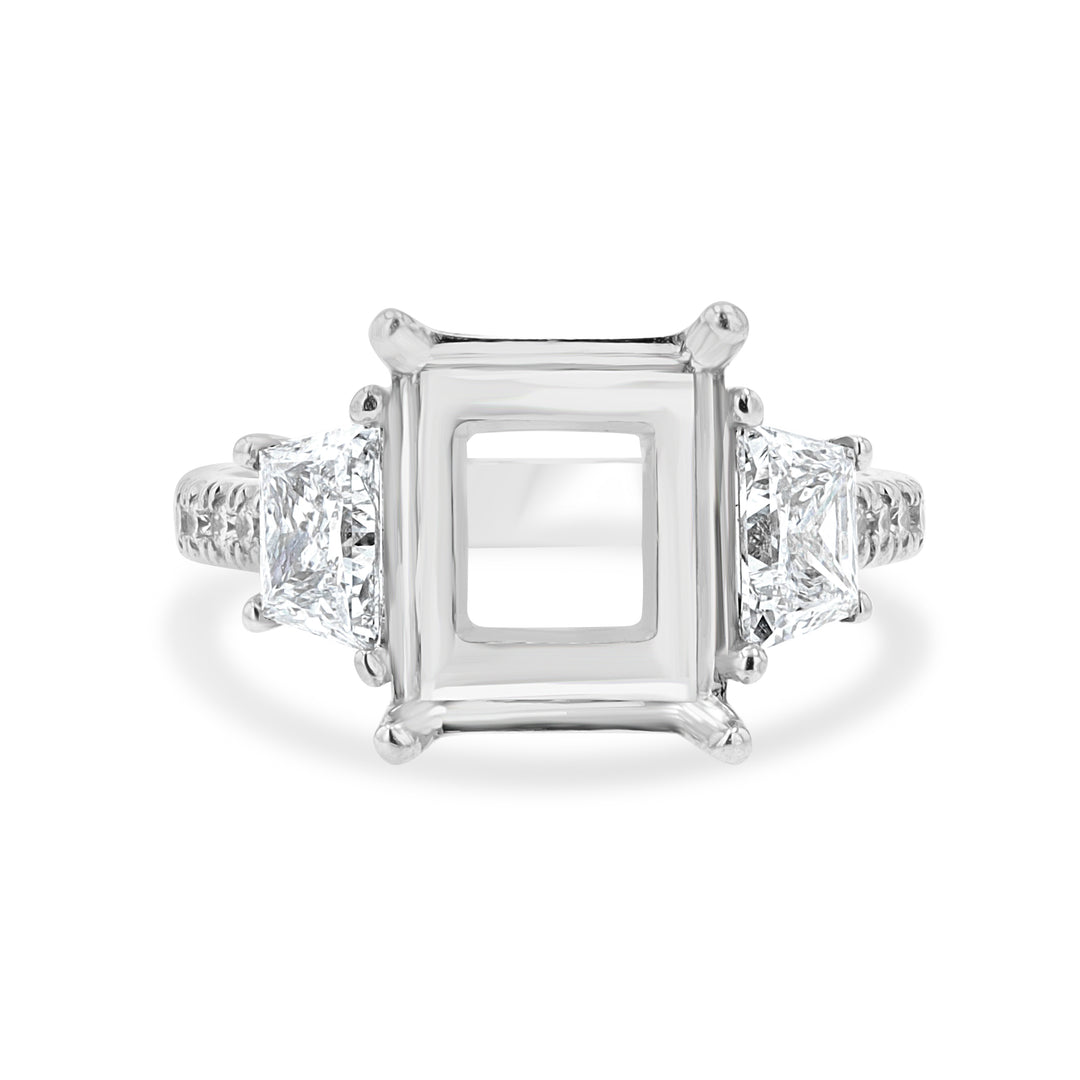 14K White Gold Emerald-Cut Engagement Ring Setting with Trapezoid & Round Lab-Grown Diamonds