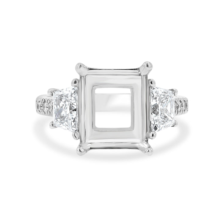 14K White Gold Emerald-Cut Engagement Ring Setting with Trapezoid & Round Lab-Grown Diamonds