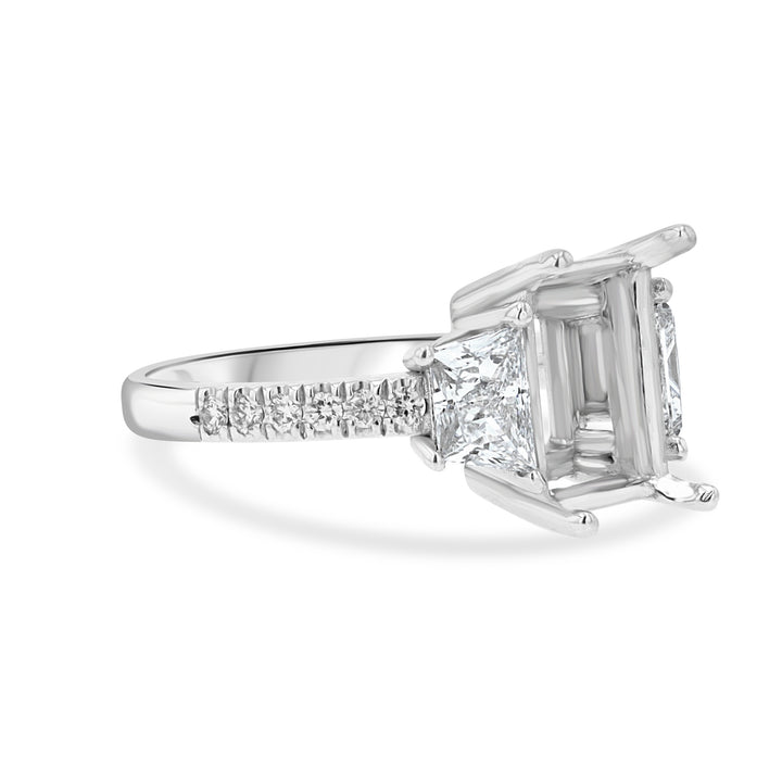 14K White Gold Emerald-Cut Engagement Ring Setting with Trapezoid & Round Lab-Grown Diamonds