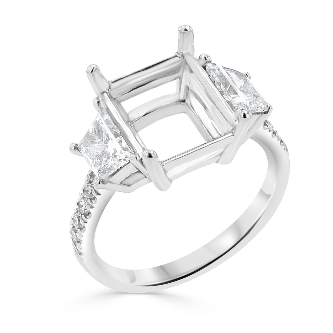 14K White Gold Emerald-Cut Engagement Ring Setting with Trapezoid & Round Lab-Grown Diamonds