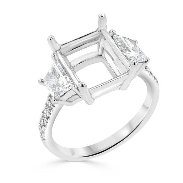 14K White Gold Emerald-Cut Engagement Ring Setting with Trapezoid & Round Lab-Grown Diamonds
