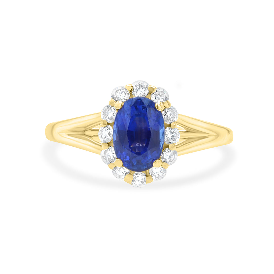 14K Yellow Gold Oval Sapphire Halo Ring with Split Shank