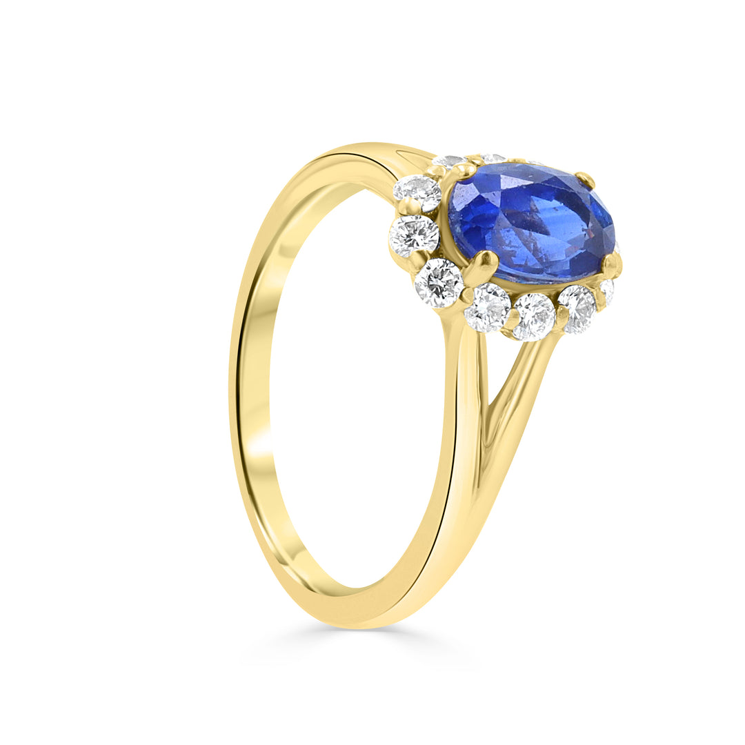 14K Yellow Gold Oval Sapphire Halo Ring with Split Shank