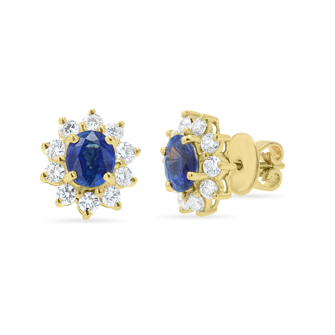 18K Yellow Gold Halo Sapphire & Diamond Earrings 2.40ct