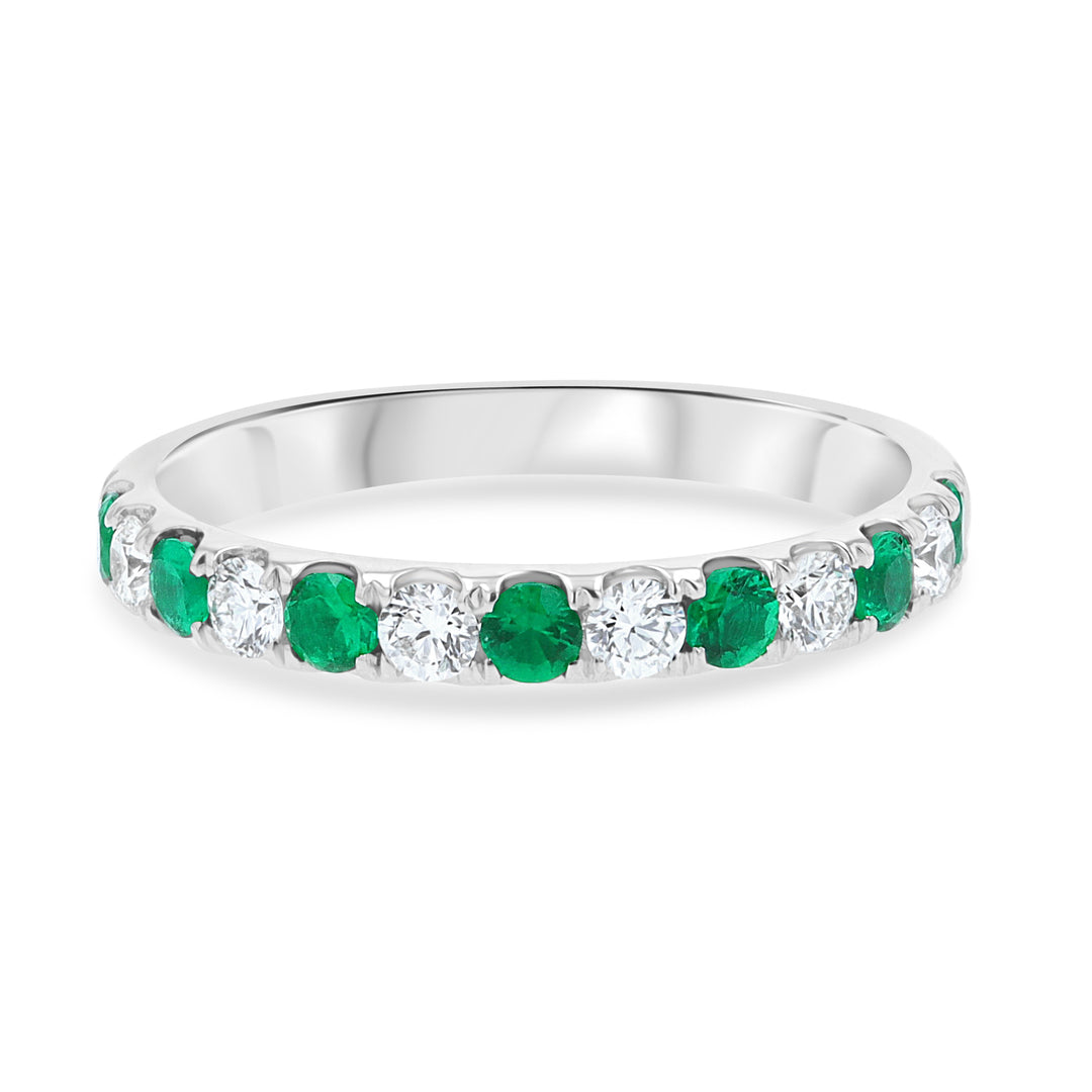 18kt White Gold Wedding Band with Emeralds & Diamonds