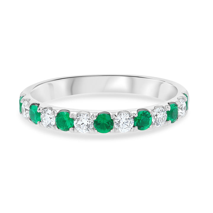 18kt White Gold Wedding Band with Emeralds & Diamonds