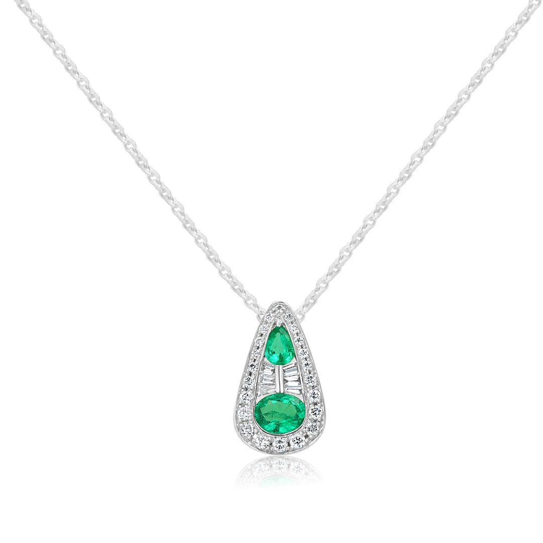 18K White Gold Emerald & Diamond Teardrop Pendant