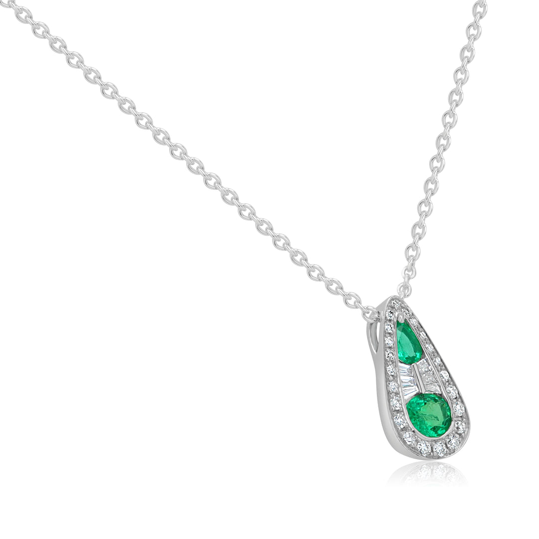 18K White Gold Emerald & Diamond Teardrop Pendant