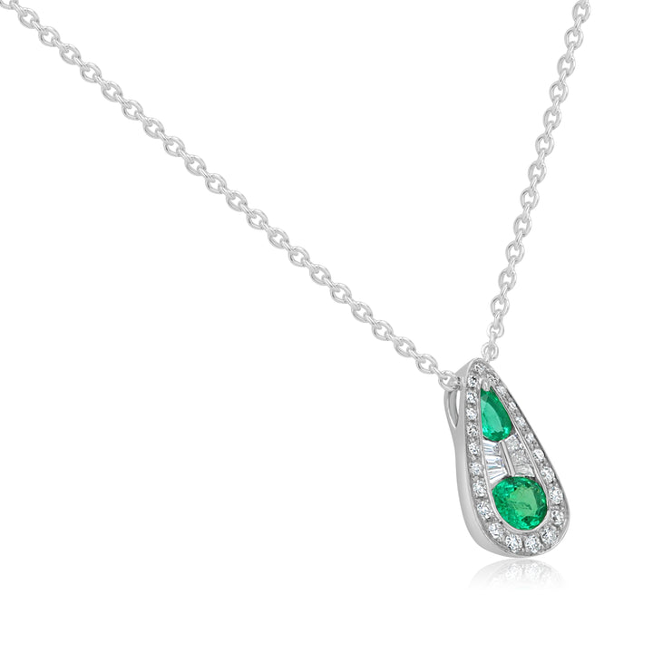 18K White Gold Emerald & Diamond Teardrop Pendant