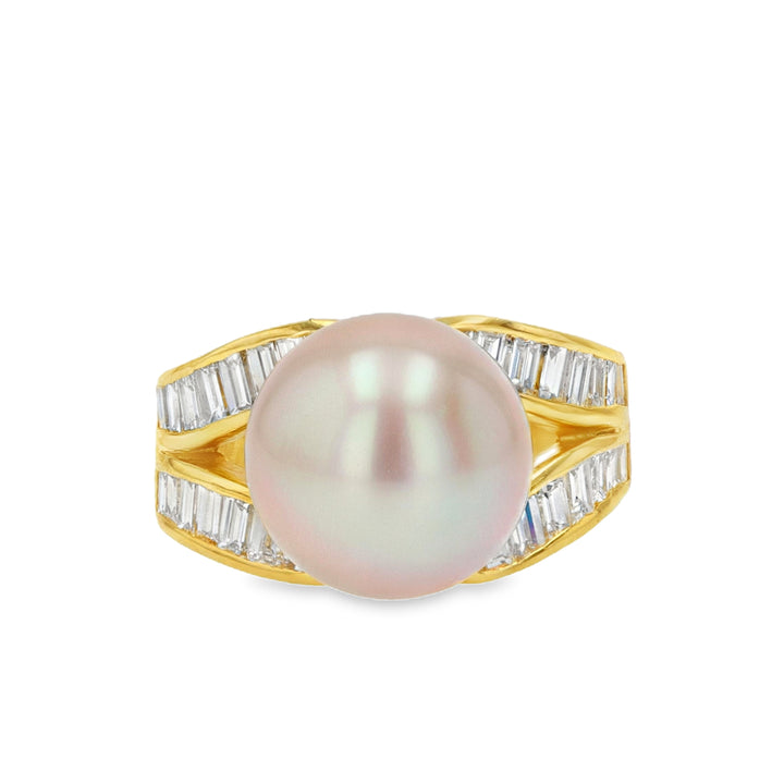 12mm Pearl & Baguette Diamond Split Shank Yellow Gold Ring