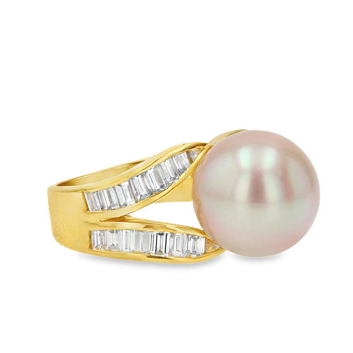 12mm Pearl & Baguette Diamond Split Shank Yellow Gold Ring