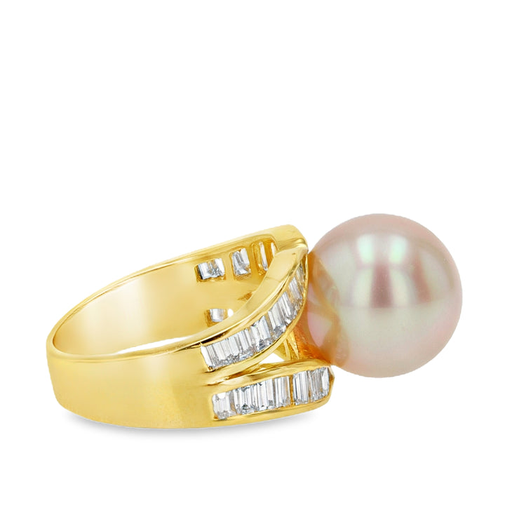 12mm Pearl & Baguette Diamond Split Shank Yellow Gold Ring