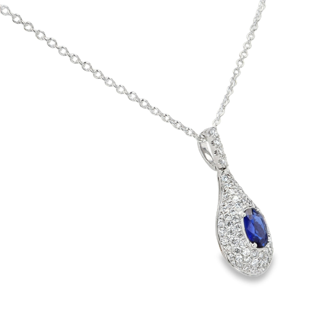 18K White Gold Blue Sapphire & Diamond Teardrop Pendant