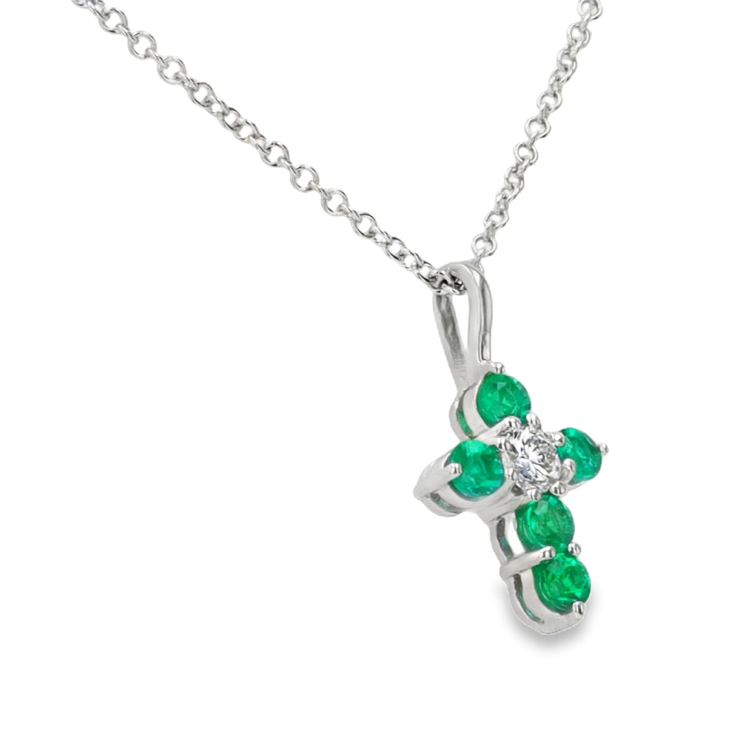 Emerald and Diamond Cross Pendant in 18K White Gold
