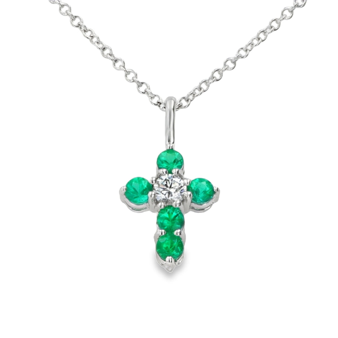 Emerald and Diamond Cross Pendant in 18K White Gold