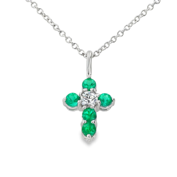 Emerald and Diamond Cross Pendant in 18K White Gold