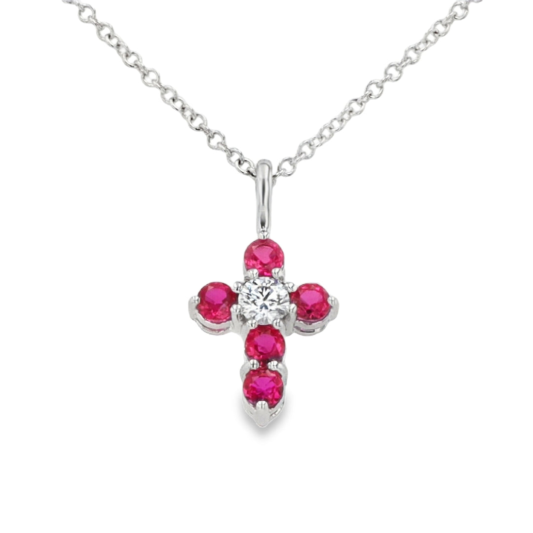 18K White Gold Ruby & Diamond Cross Pendant with Chain