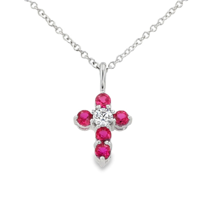 18K White Gold Ruby & Diamond Cross Pendant with Chain