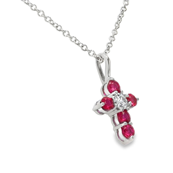 18K White Gold Ruby & Diamond Cross Pendant with Chain