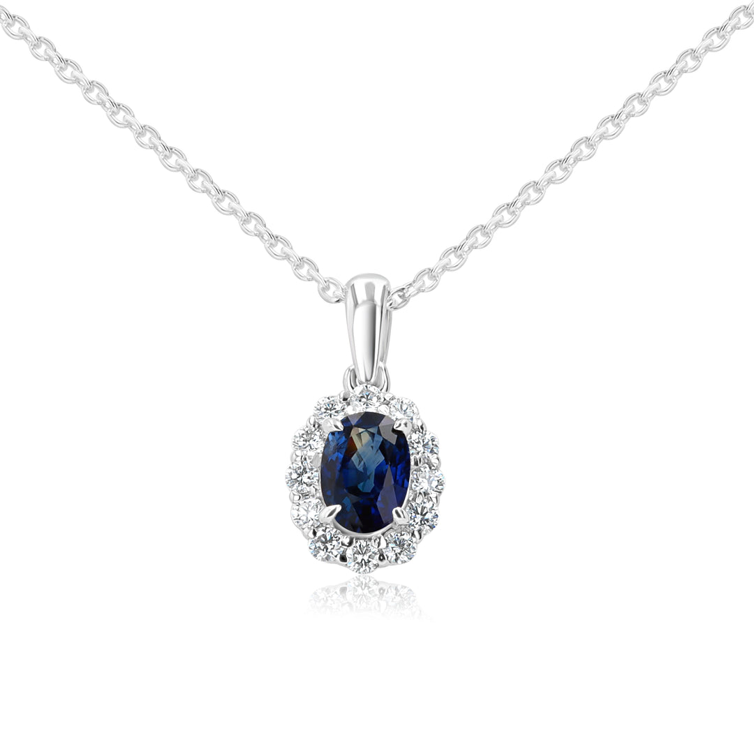 Oval Blue Sapphire & Diamond Halo Pendant in 14K White Gold