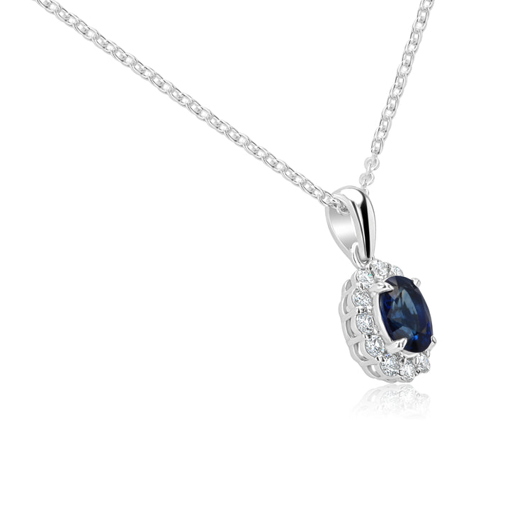 Oval Blue Sapphire & Diamond Halo Pendant in 14K White Gold