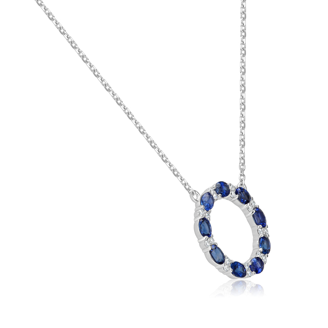 14K White Gold Blue Sapphire & Diamond Circular Pendant