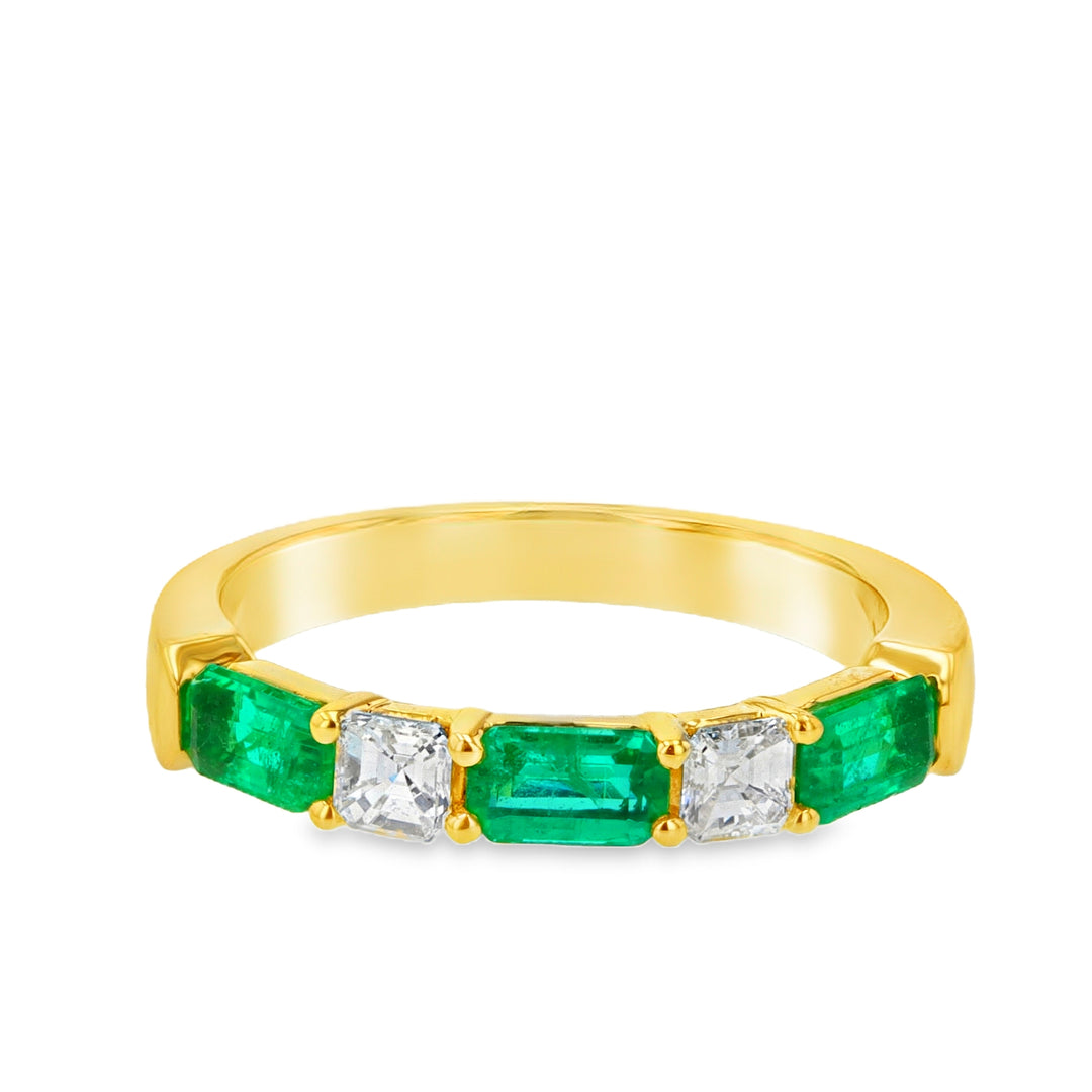 18K Yellow Gold Band with Asscher Diamonds & Emeralds