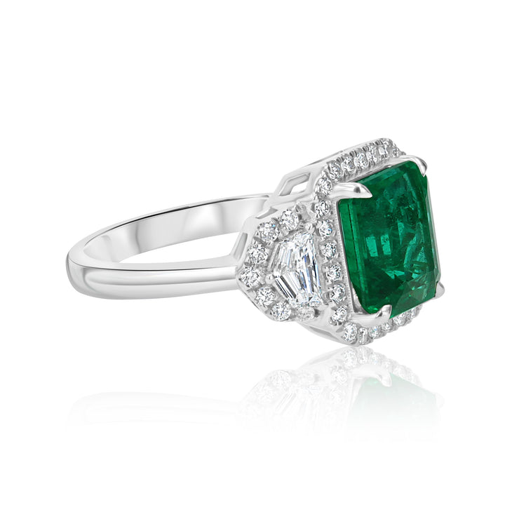 18K White Gold Emerald Halo Ring with Shield Diamond Accents