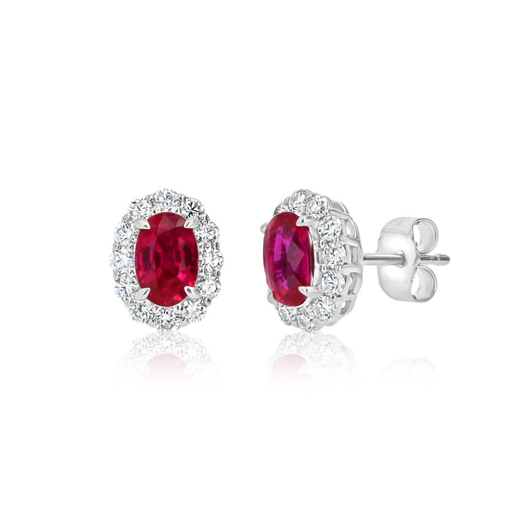14K White Gold Ruby & Diamond Oval Stud Earrings