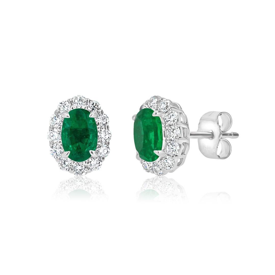 14K White Gold Emerald & Diamond Oval Earrings – 0.94ct