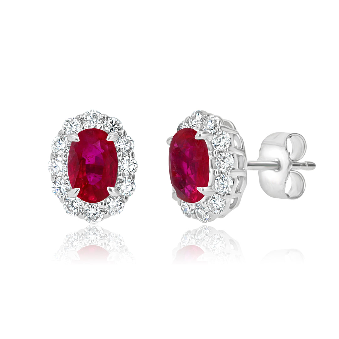 Elegant 14K Ruby & Diamond Oval Earrings in White Gold